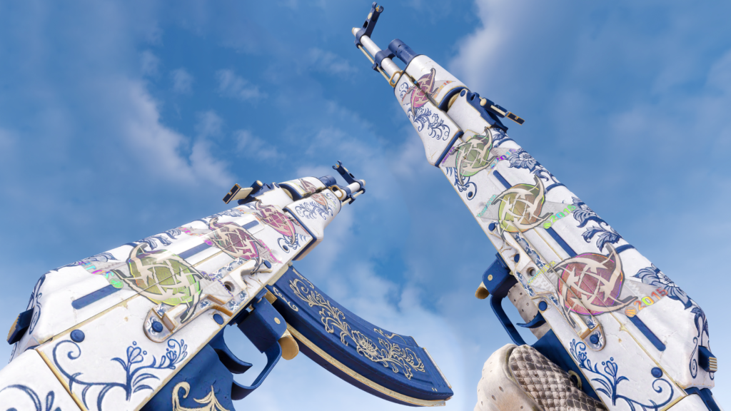 Duas AK-47 | Inheritance apontadas para o céu, demonstrando os detalhes ornamentais e os stickers que complementam a estética cultural da skin no jogo CS2.